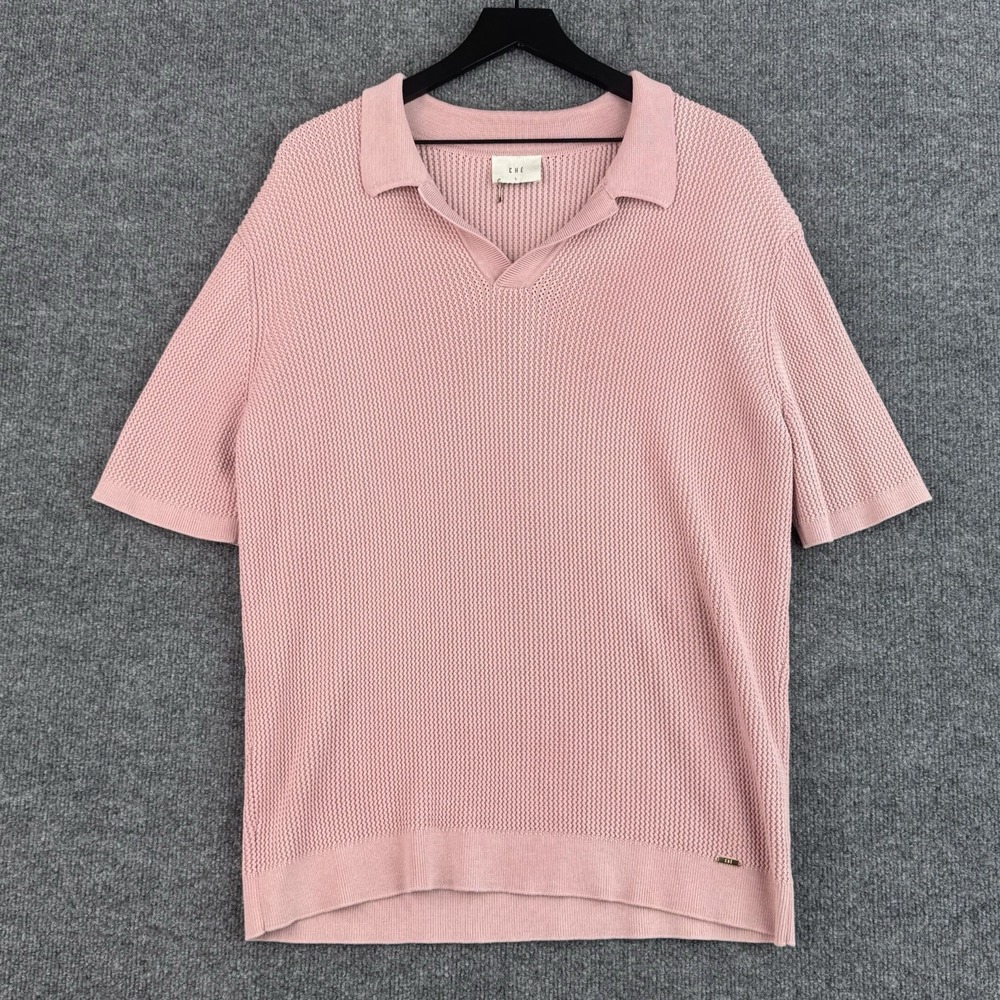 CHE Studios Polo Shirt Mens L Pink Tencel Silk Blend Textured Knit Heavy Camp